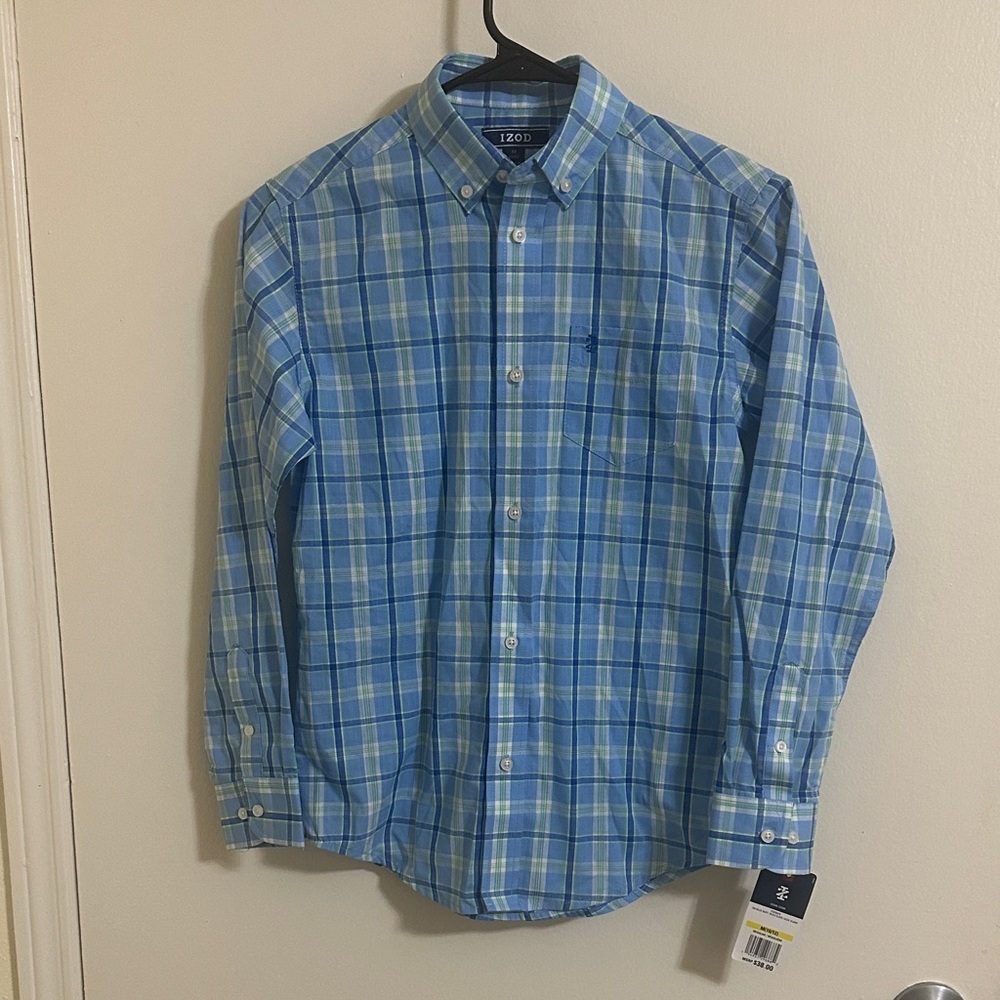 NWT Izod Boys 542 Blue Bluff Striped Button Down Shirt Medium 10/12